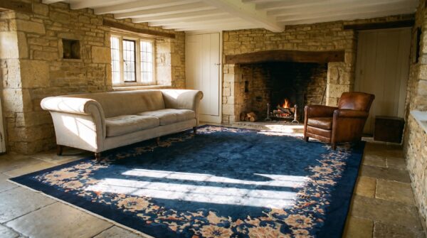 Hand knotted pile rectangle wool blue 1920s antique rug 10 Hand knotted pile rectangle wool blue 1920s antique rug (sku 24895) - room view