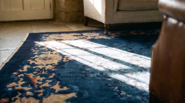 Hand knotted pile rectangle wool blue 1920s antique rug 11 Hand knotted pile rectangle wool blue 1920s antique rug (sku 24895) - in-room detail