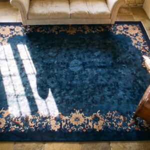 Hand Knotted Pile Rectangle Wool Blue 1920s Antique Rug (SKU 24895) - styled overhead view