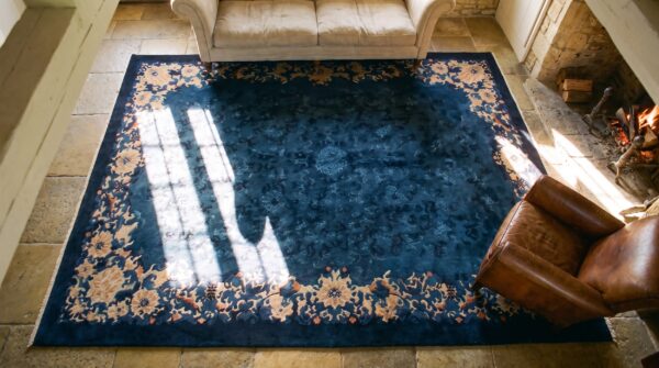 Hand knotted pile rectangle wool blue 1920s antique rug 2 Hand knotted pile rectangle wool blue 1920s antique rug (sku 24895) - styled overhead view