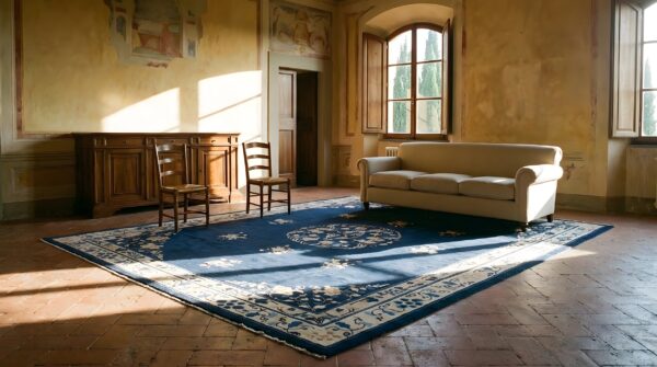Wool rectangle blue hand knotted pile 1920s antique chinese rug (sku 23669) - room view