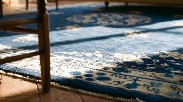 Wool rectangle blue hand knotted pile 1920s antique chinese rug (sku 23669) - in-room detail