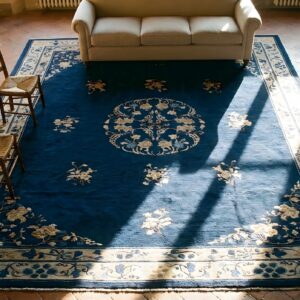 Wool Rectangle Blue Hand Knotted Pile 1920s Antique Chinese Rug (SKU 23669) - styled overhead view