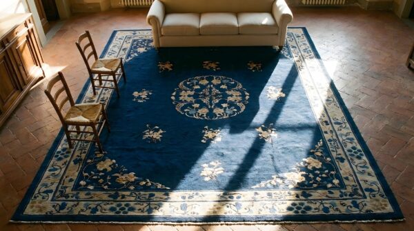 Wool rectangle blue hand knotted pile 1920s antique chinese rug (sku 23669) - styled overhead view