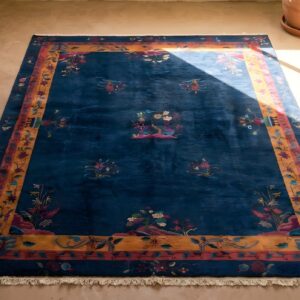 Rectangle Wool Blue Hand Knotted Pile Floral Antique 1920s Rug (SKU 22684) - styled overhead view