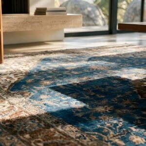 Rectangle Blue Antique Wool Hand Knotted Pile Floral Medallion 1900s Rug (SKU 2475) - in-room detail