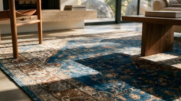 Rectangle blue antique wool hand knotted pile floral medallion 1900s rug 8 Rectangle blue antique wool hand knotted pile floral medallion 1900s rug (sku 2475) - in-room detail
