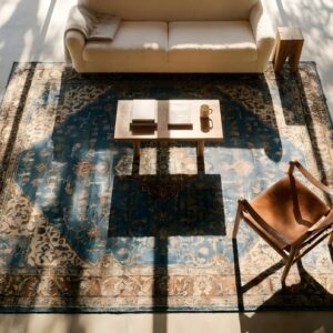 Rectangle Blue Antique Wool Hand Knotted Pile Floral Medallion 1900s Rug (SKU 2475) - styled overhead view