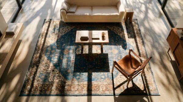Rectangle blue antique wool hand knotted pile floral medallion 1900s rug 2 Rectangle blue antique wool hand knotted pile floral medallion 1900s rug (sku 2475) - styled overhead view
