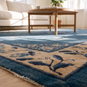 Wool Hand Knotted Pile Rectangle Antique Blue Ivory Beige Cream White 1920s Rug (SKU 24136) - in-room detail