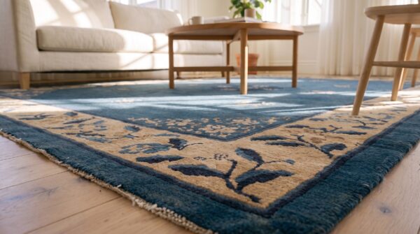Wool hand knotted pile rectangle antique blue ivory beige cream white 1920s rug 19 Wool hand knotted pile rectangle antique blue ivory beige cream white 1920s rug (sku 24136) - in-room detail