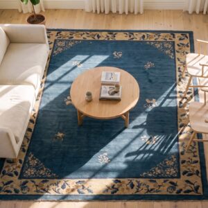 Wool Hand Knotted Pile Rectangle Antique Blue Ivory Beige Cream White 1920s Rug (SKU 24136) - styled overhead view