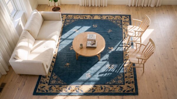 Wool hand knotted pile rectangle antique blue ivory beige cream white 1920s rug 2 Wool hand knotted pile rectangle antique blue ivory beige cream white 1920s rug (sku 24136) - styled overhead view