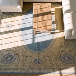 Antique Wool Rectangle Blue Large Hand Knotted Pile Floral Medallion 1890s Rug (SKU 25547) - styled overhead view
