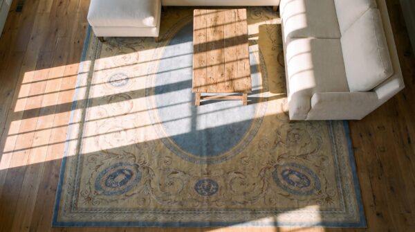 Antique wool rectangle blue large hand knotted pile floral medallion 1890s rug 2 Antique wool rectangle blue large hand knotted pile floral medallion 1890s rug (sku 25547) - styled overhead view