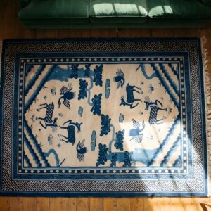 Antique Rectangle Chinese 1900s - Peking Small Scatter Size Wool Ivory Knotted Rug (SKU 22773) - styled overhead view
