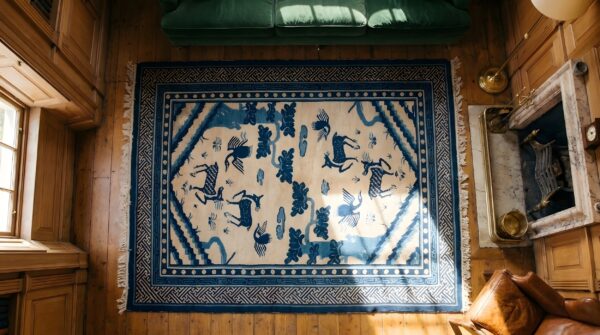 Antique rectangle chinese 1900s - peking small scatter size wool ivory knotted rug 2 Antique rectangle chinese 1900s - peking small scatter size wool ivory knotted rug (sku 22773) - styled overhead view