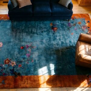Rectangle Chinese - Art Deco Knotted Antique 1920s Wool Room Size Rug (SKU 25706) - styled overhead view