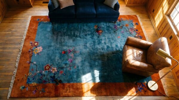 Rectangle chinese - art deco knotted antique 1920s wool room size rug (sku 25706) - styled overhead view