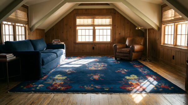 Wool antique knotted rectangle chinese - art deco 1920s room size blue rug (sku 25344) - room view