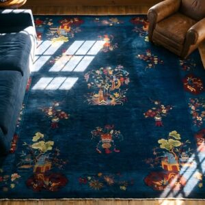 Wool Antique Knotted Rectangle Chinese - Art Deco 1920s Room Size Blue Rug (SKU 25344) - styled overhead view