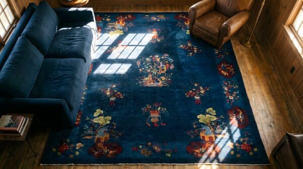 Wool antique knotted rectangle chinese - art deco 1920s room size blue rug (sku 25344) - styled overhead view