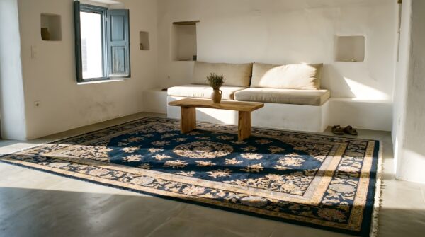 Wool antique rectangle hand knotted chinese art deco blue 1930s rug 8 Wool antique rectangle hand knotted chinese art deco blue 1930s rug (sku 23910) - room view