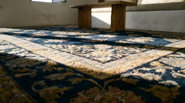 Wool antique rectangle hand knotted chinese art deco blue 1930s rug 9 Wool antique rectangle hand knotted chinese art deco blue 1930s rug (sku 23910) - in-room detail