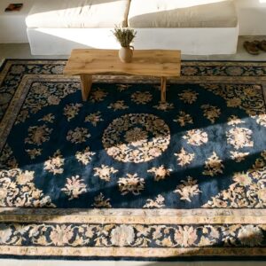 Wool Antique Rectangle Hand Knotted Chinese Art Deco Blue 1930s Rug (SKU 23910) - styled overhead view