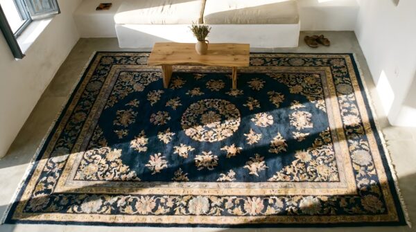 Wool antique rectangle hand knotted chinese art deco blue 1930s rug 2 Wool antique rectangle hand knotted chinese art deco blue 1930s rug (sku 23910) - styled overhead view