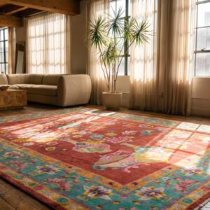 Rectangle Chinese - Art Deco Antique Wool Coral Room Size 1920s Knotted Rug (SKU 22821) - room view