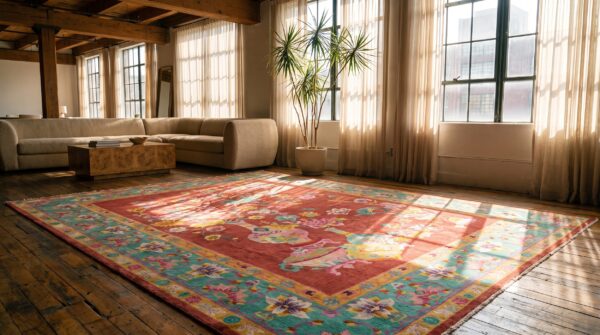 Rectangle chinese - art deco antique wool coral room size 1920s knotted rug 6 Rectangle chinese - art deco antique wool coral room size 1920s knotted rug (sku 22821) - room view