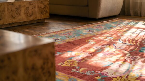 Rectangle chinese - art deco antique wool coral room size 1920s knotted rug 7 Rectangle chinese - art deco antique wool coral room size 1920s knotted rug (sku 22821) - in-room detail