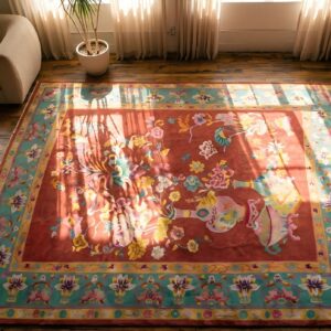 Rectangle Chinese - Art Deco Antique Wool Coral Room Size 1920s Knotted Rug (SKU 22821) - styled overhead view