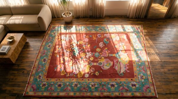 Rectangle chinese - art deco antique wool coral room size 1920s knotted rug 2 Rectangle chinese - art deco antique wool coral room size 1920s knotted rug (sku 22821) - styled overhead view