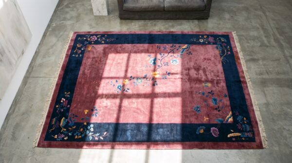 Rectangle chinese - art deco purple knotted wool room size antique 1920s rug 2 Rectangle chinese - art deco purple knotted wool room size antique 1920s rug (sku 22615) - styled overhead view