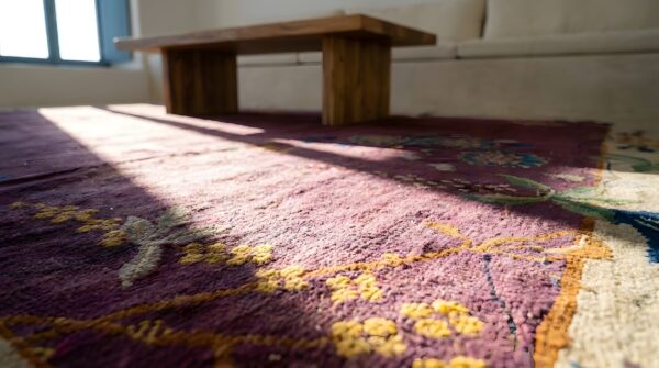 Wool antique rectangle knotted chinese - art deco purple room size 1920s rug 9 Wool antique rectangle knotted chinese - art deco purple room size 1920s rug (sku 25662) - in-room detail