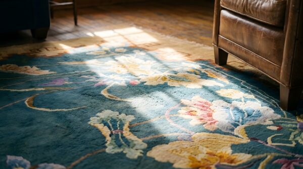 Rectangle knotted chinese - art deco room size antique wool blue 1920s rug 8 Rectangle knotted chinese - art deco room size antique wool blue 1920s rug (sku 25423) - in-room detail