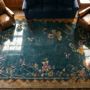 Rectangle Knotted Chinese - Art Deco Room Size Antique Wool Blue 1920s Rug (SKU 25423) - styled overhead view