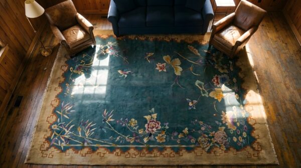 Rectangle knotted chinese - art deco room size antique wool blue 1920s rug 2 Rectangle knotted chinese - art deco room size antique wool blue 1920s rug (sku 25423) - styled overhead view