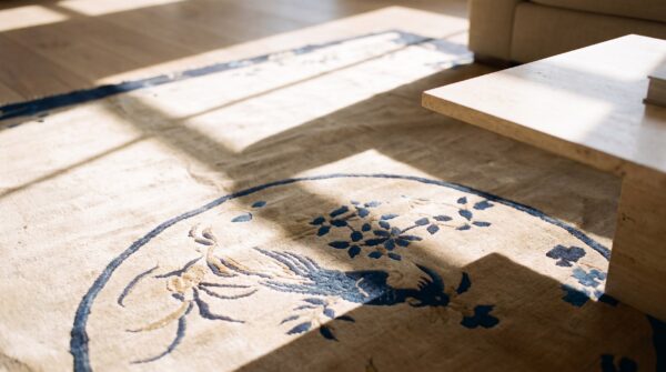 Rectangle knotted antique chinese ivory 1920s room size wool - peking rug 9 Rectangle knotted antique chinese ivory 1920s room size wool - peking rug (sku 24503) - in-room detail
