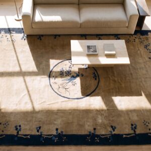 Rectangle Knotted Antique Chinese Ivory 1920s Room Size Wool - Peking Rug (SKU 24503) - styled overhead view
