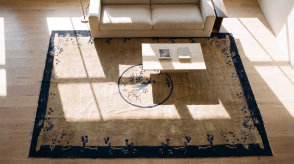 Rectangle knotted antique chinese ivory 1920s room size wool - peking rug 2 Rectangle knotted antique chinese ivory 1920s room size wool - peking rug (sku 24503) - styled overhead view
