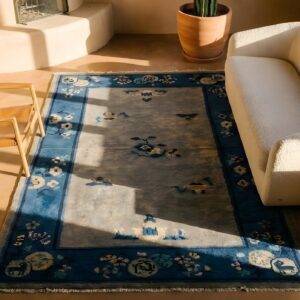 Rectangle Antique Chinese Knotted Wool Ivory Small Scatter Size 1920s - Peking Rug (SKU 23234) - styled overhead view