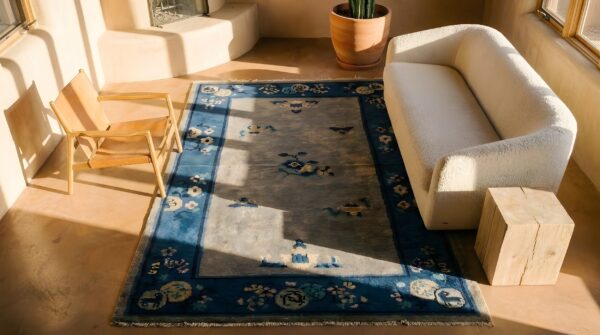 Rectangle antique chinese knotted wool ivory small scatter size 1920s - peking rug 2 Rectangle antique chinese knotted wool ivory small scatter size 1920s - peking rug (sku 23234) - styled overhead view