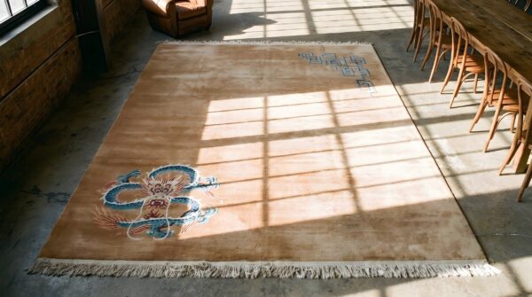 Rectangle chinese knotted room size antique - art deco 1920s wool rug 2 Rectangle chinese knotted room size antique - art deco 1920s wool rug (sku 22091) - styled overhead view