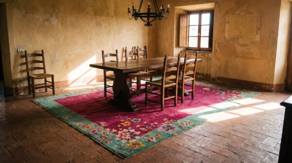 Rectangle chinese wool room size - art deco 1920s antique coral knotted rug 7 Rectangle chinese wool room size - art deco 1920s antique coral knotted rug (sku 22163) - room view