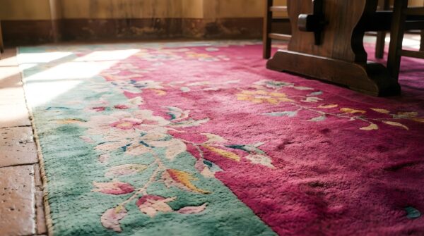 Rectangle chinese wool room size - art deco 1920s antique coral knotted rug 8 Rectangle chinese wool room size - art deco 1920s antique coral knotted rug (sku 22163) - in-room detail