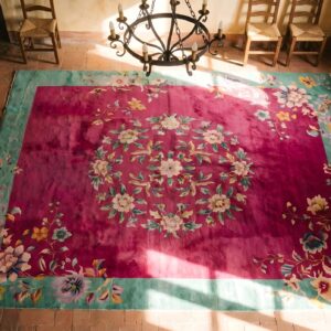 Rectangle Chinese Wool Room Size - Art Deco 1920s Antique Coral Knotted Rug (SKU 22163) - styled overhead view