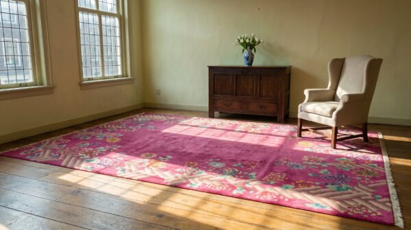 Antique rectangle wool hand knotted pile floral 1920s coral rug (sku 21632) - room view